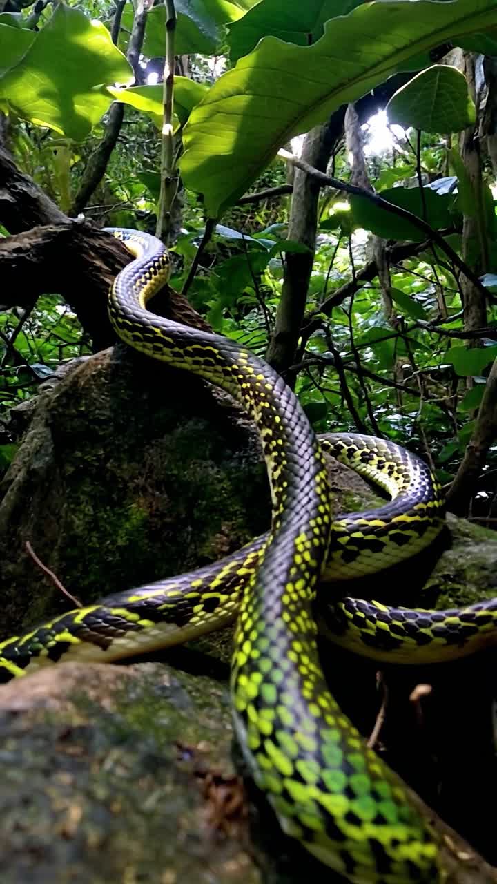 una serpiente colorida en un bosque exuberante