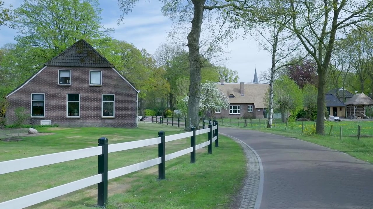 Malerische Landstraße mit traditionellen Backsteinhäusern und grünen Bäumen