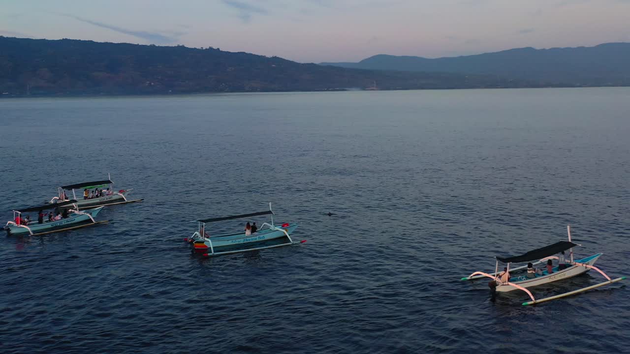 잔잔한 푸른 바다에서 돌고래를 찾는 일출에 발리 인도네시아의 관광 보트 공중