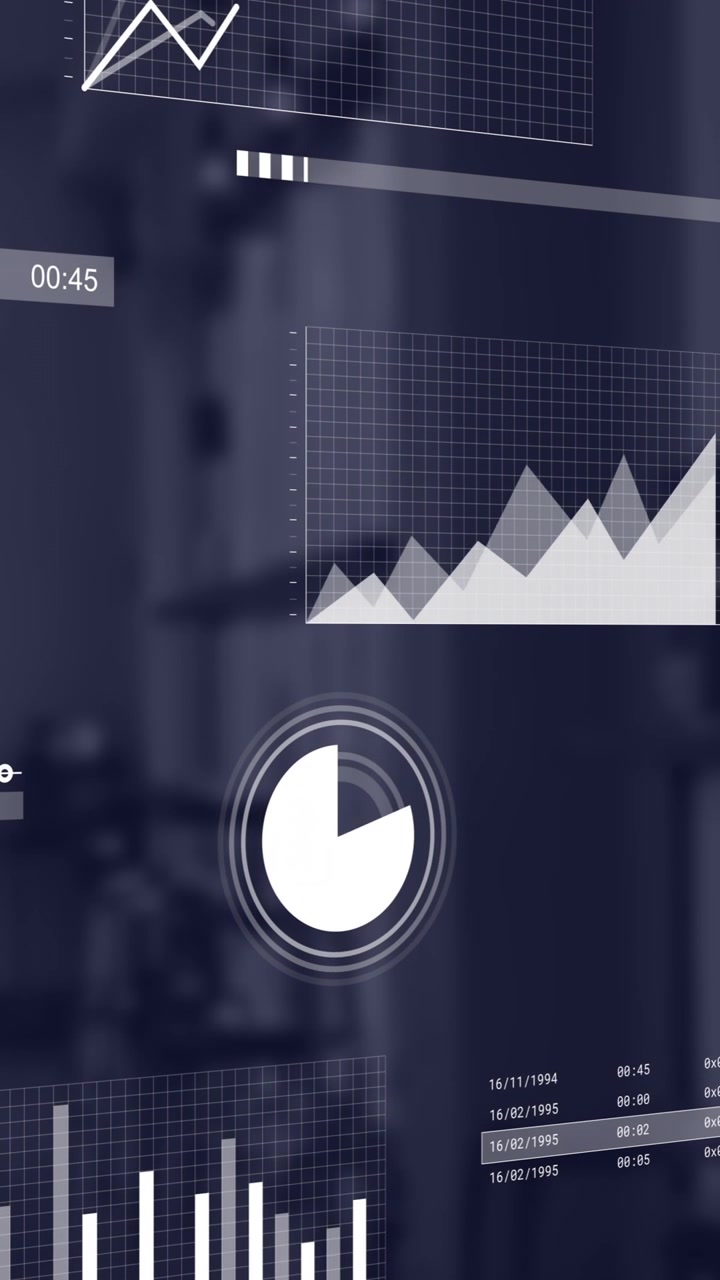 Animation of financial data processing over empty office