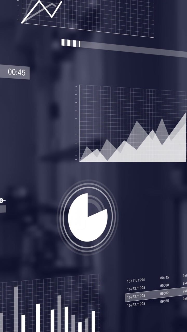 Animation of financial data processing over empty office