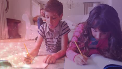 animación de chispas sobre diversos alumnos que escriben en cuadernos