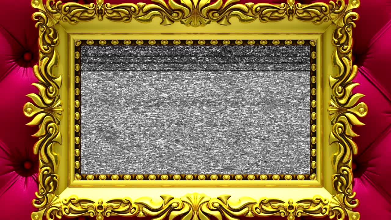 la cámara hace zoom en el marco de la imagen de oro en el fondo de tapicería roja de lujo. el ruido de la televisión y la tecla de croma verde se reproducen en la pantalla. animación 3d.