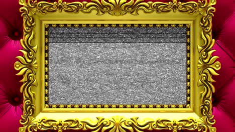 camera zoom into the gold picture frame on background of luxury red upholstery. tv noise and green chroma key plays on the screen. 3d animation.