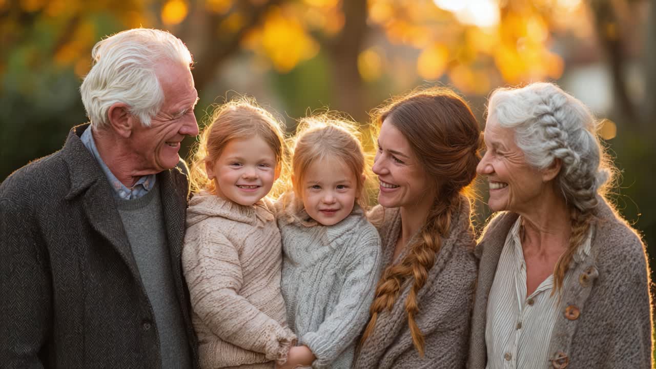Et hjertevarmt familieportræt: Generationer forbundet i kærlighed og latter midt i en smuk efterårsbaggrund.