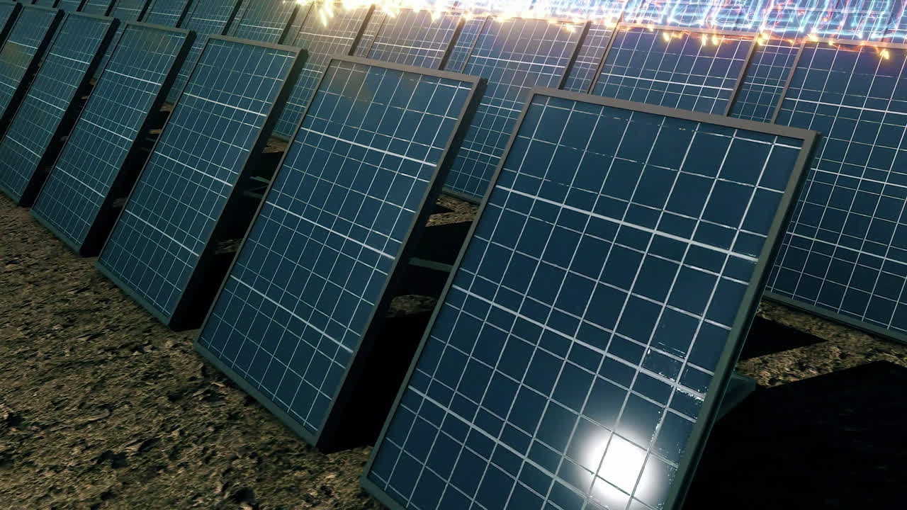 vista aérea grandes paneles solares industriales granja que genera energía energía limpia de energía verde renovable video