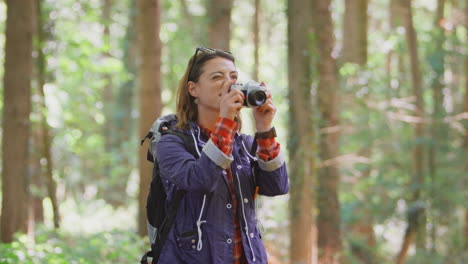 Frau-Auf-Wanderung-Durch-Den-Wald,-Die-Ein-Foto-Mit-Einer-DSLR-Kamera-Macht