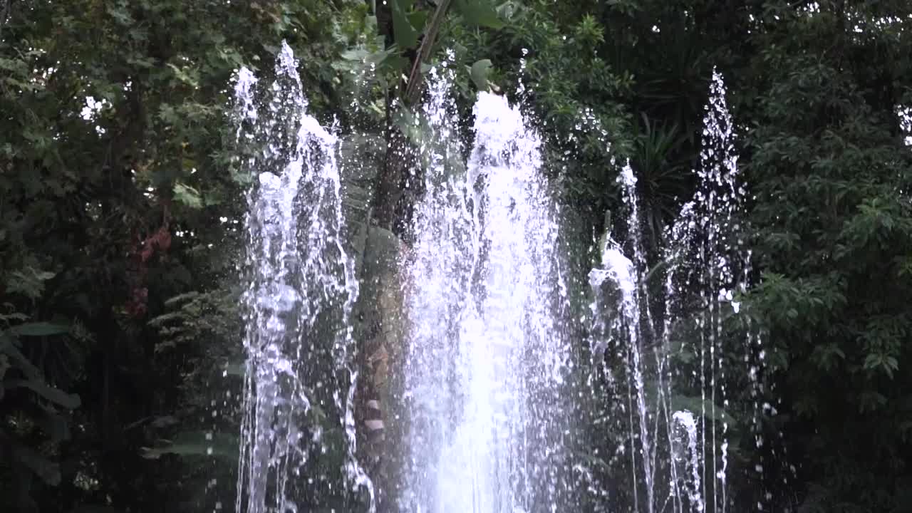 fuente de agua en cámara lenta contra árboles verdes y naturaleza, rodada en marbella, málaga, españa a 120 fps