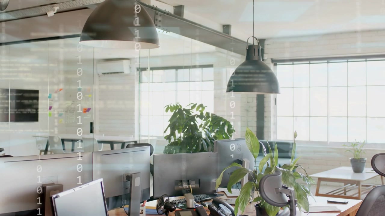 Cluster di workstation che mostra una sovrapposizione binaria che inizia da sinistra, in streaming e poi sfumando per mostrare il flusso di dati.