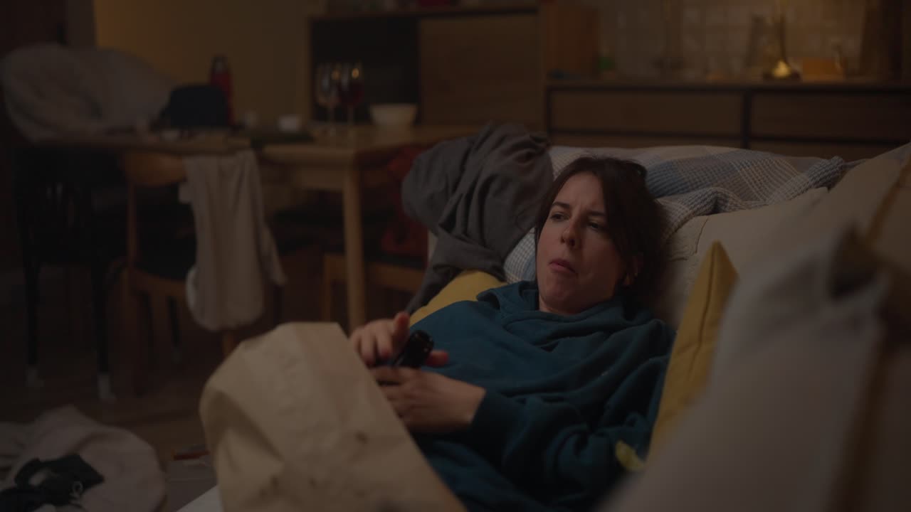 mujer relajándose en el sofá, bebiendo vino, casa desordenada