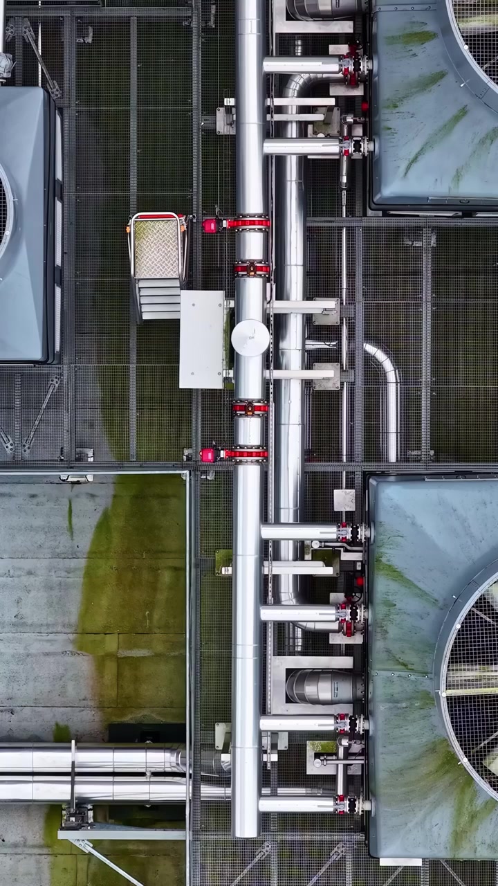Top down aerial view of a building's roof with industrial ventilation and air conditioning system