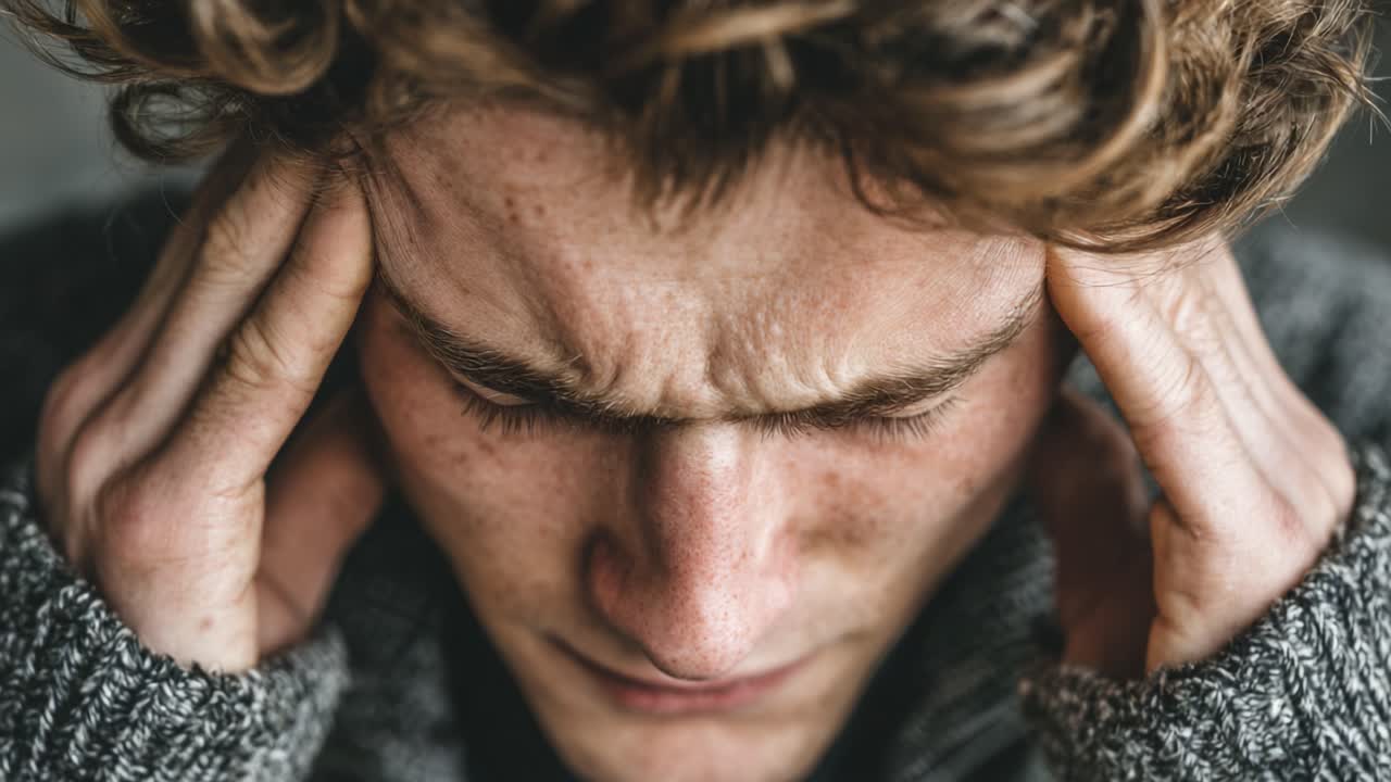 An Intimate Moment of Distress: A Young Man Struggles with Overwhelming Feelings, Gripping His Head in a Bid to Alleviate Emotional Pain