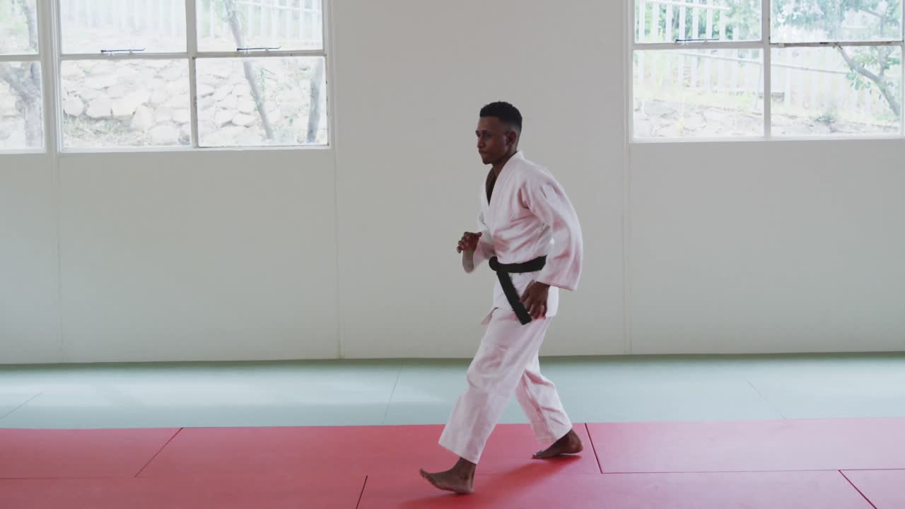 karateka posando en la alfombra