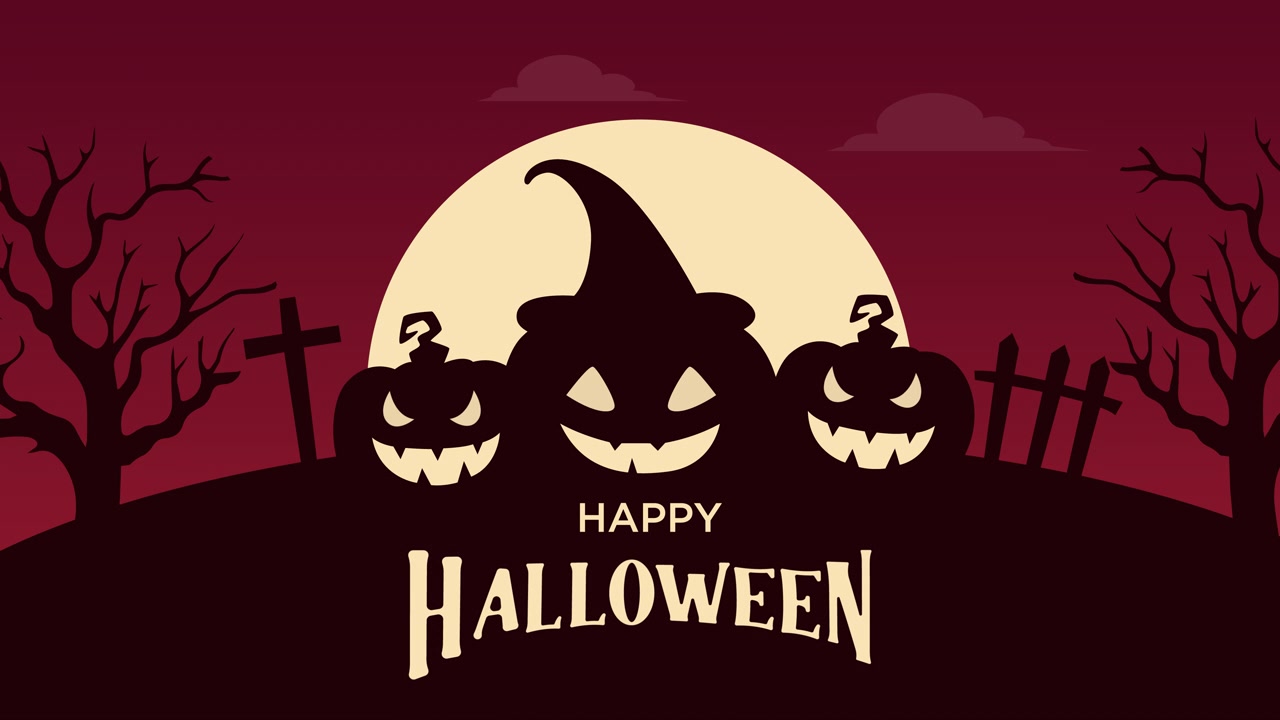 Scena animata di Buon Halloween con Jack-o'-lantern e luna piena