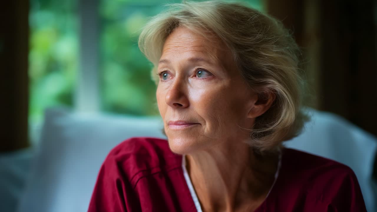 Un momento riflessivo catturato nel tempo, che mette in risalto le emozioni e i pensieri di una donna in un ambiente tranquillo, evocando sentimenti di contemplazione e serenità