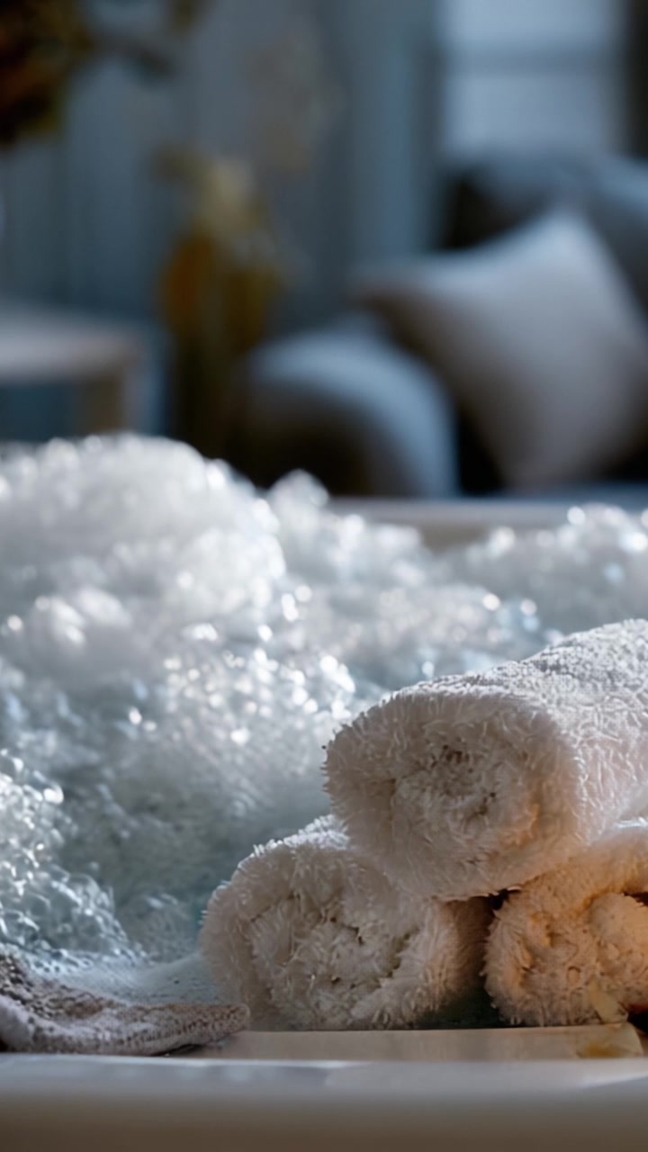 Experience Ultimate Relaxation with Soft, Fluffy Towels Beside a Bubbly, Luxurious Bathtub Setup for a Perfect Spa Day at Home