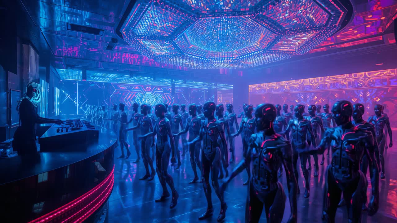 Boate futurista com robôs dançarinos e DJ