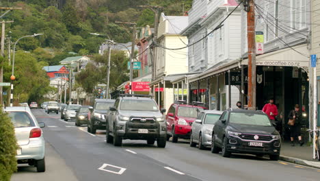 looking up aro valley with a long line of cars, wellington, new zealand.