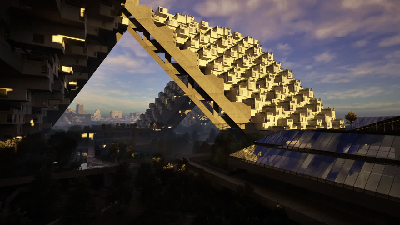 Unique architectural structure showcases modern design against city backdrop