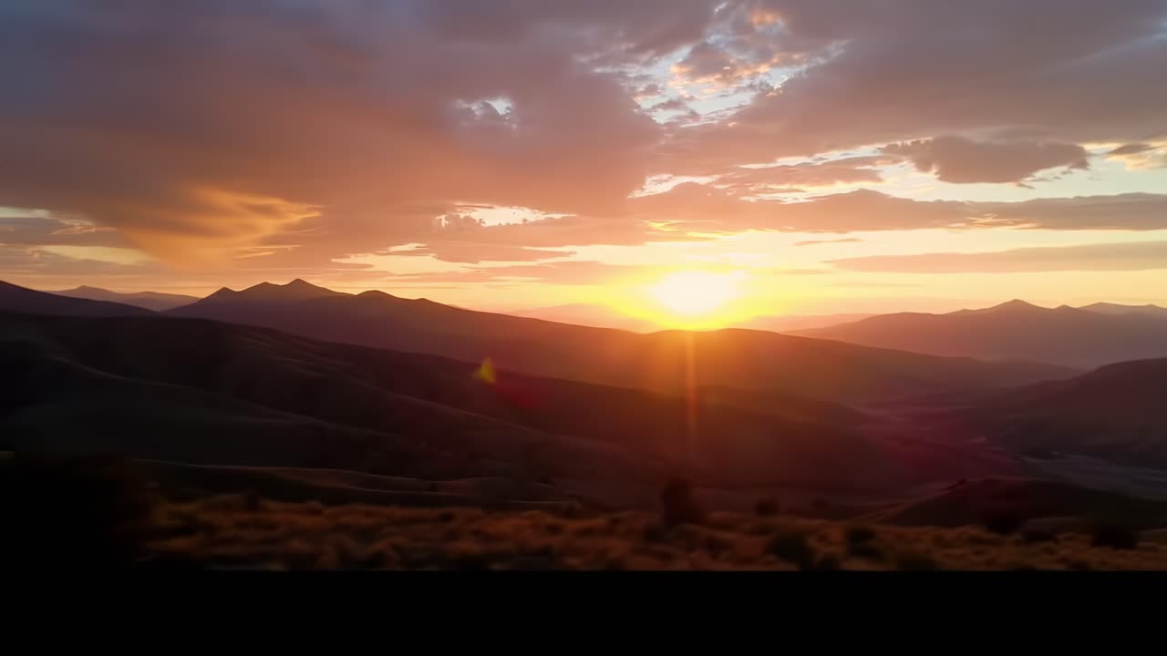 Experience a stunning sunset illuminating the mountain range with captivating hues of orange and pink. The peaceful environment invites reflection and appreciation of nature’s beauty.