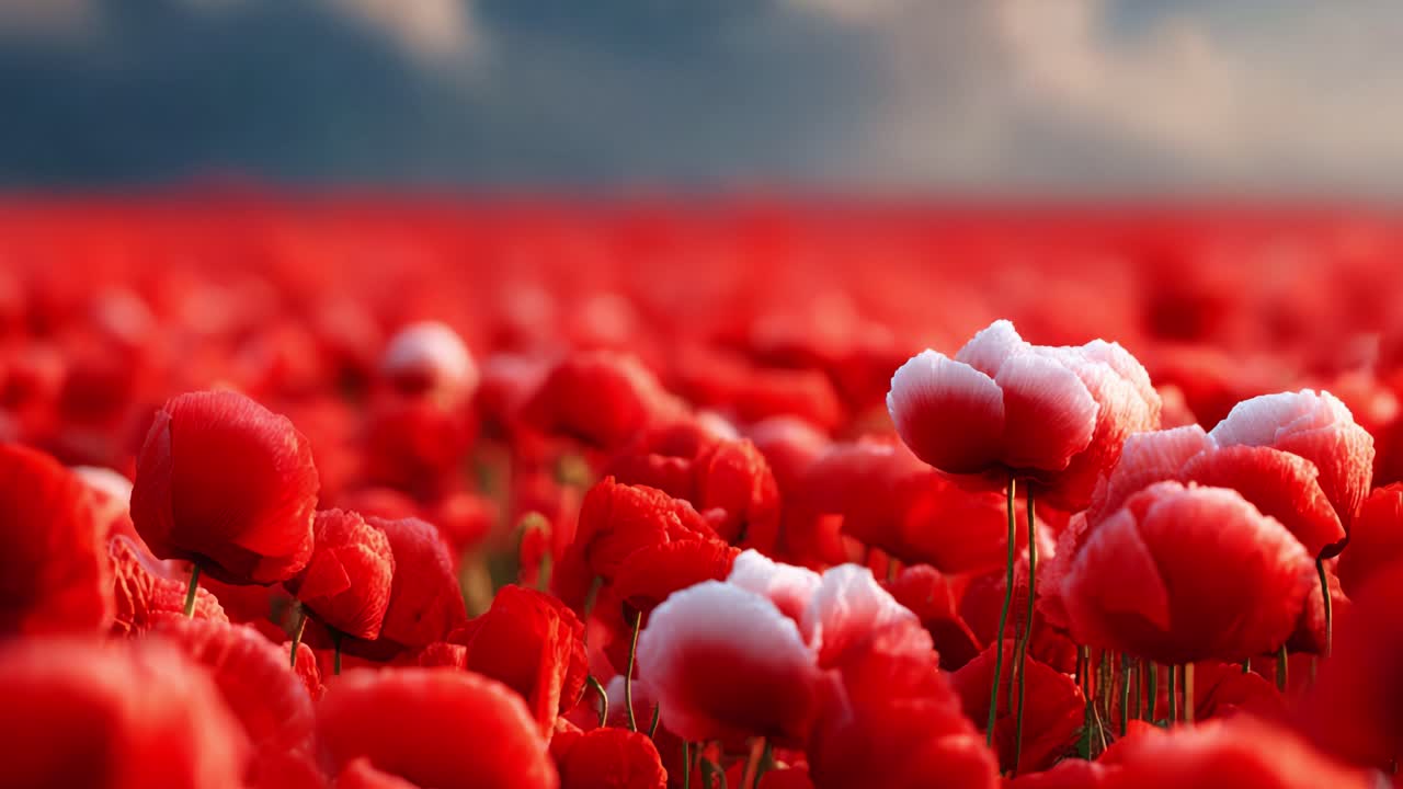 A Vibrant and Expansive Field of Poppies in Full Bloom, Showcasing a Sea of Red Petals Under a Softly Lit Sky, Evoking a Sense of Tranquility and Natural Beauty in Nature's Splendor