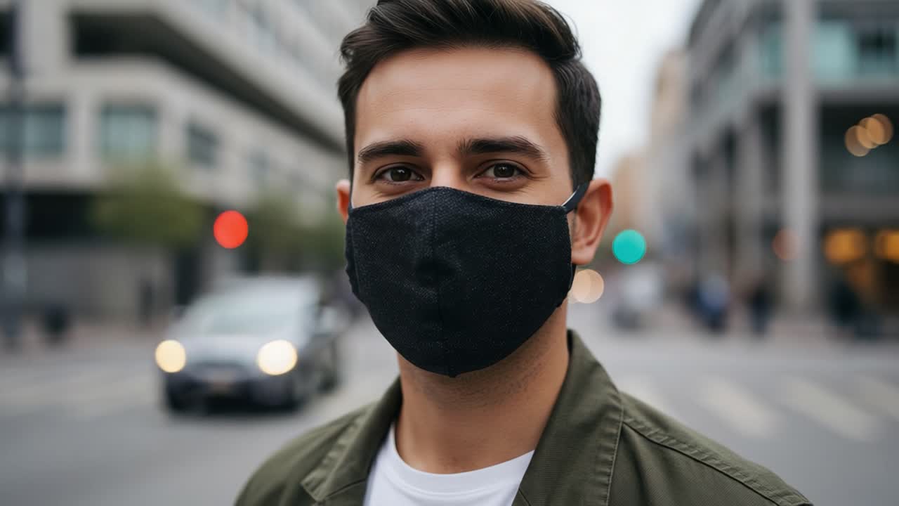 A Young Man with a Black Face Mask Standing Confidently on a City Street, Captured in a Moment of Everyday Life, Reflecting Urban Resilience and Modern Precautions