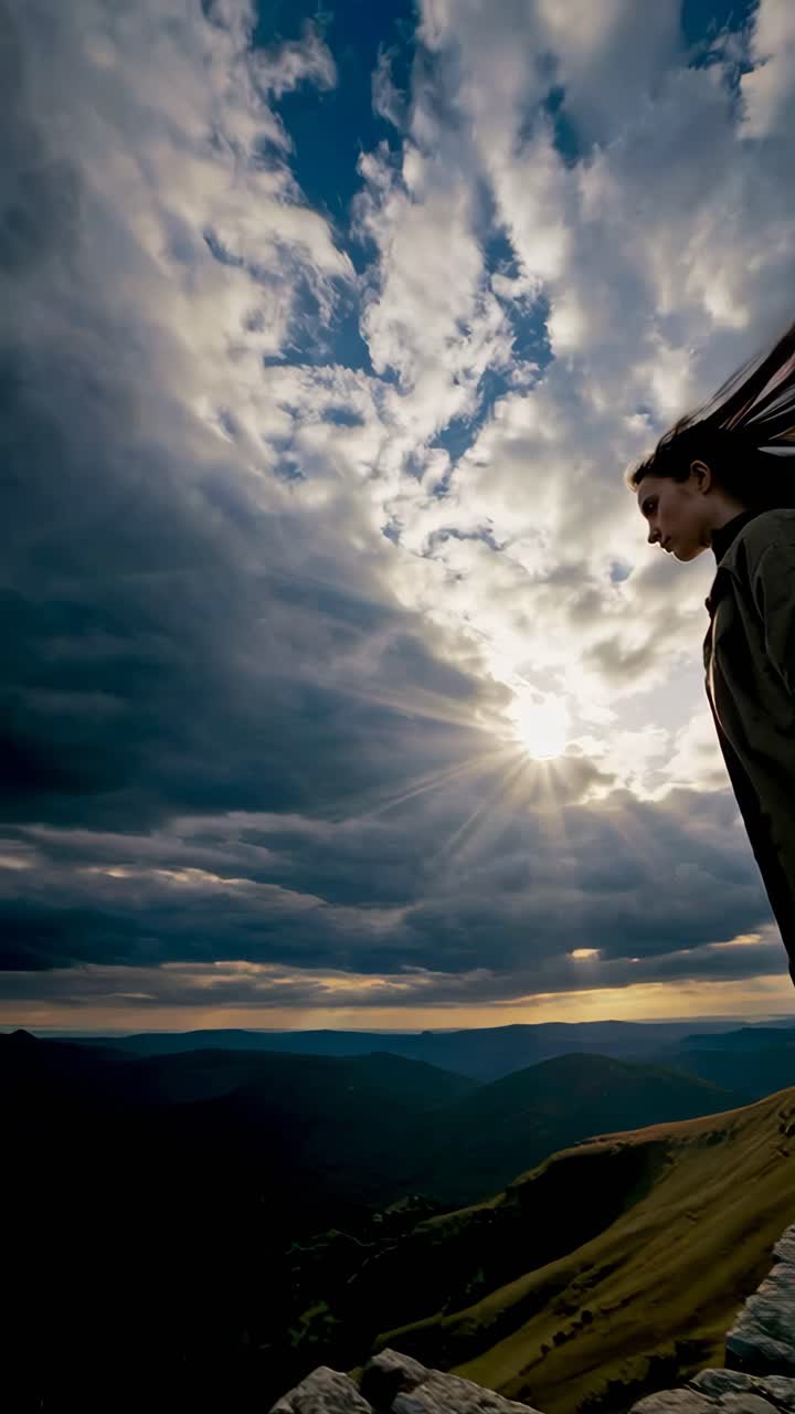 Dramatic low-angle video shot of a woman standing on a cliff, with windswept hair against a moody
