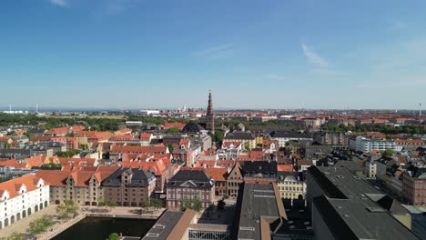 Aerial-Ascent-of-Copenhagen-City-and-Church-of-Our-Savior