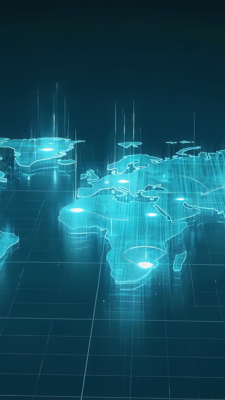 Vertical video: Fading holographic map revealing pulsing beams over grid floor, visualizing data
