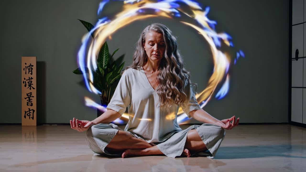 Mature female practicing meditation, sitting in lotus position with radiant spiritual energy enveloping serene body, embodying mindfulness and inner tranquility