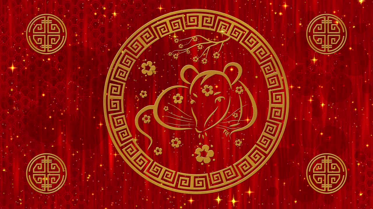 año nuevo lunar, fondo del festival de primavera con rata dorada, patrón de seda roja. año nuevo chino telón de fondo de papel rojo para el evento de vacaciones. animación de renderización 3d. bucle sin costuras 4k