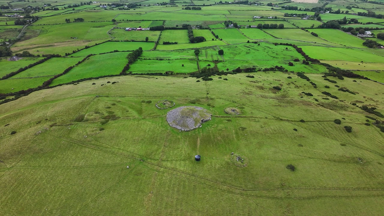 Loughcrew Cairns neolithic monument, passage tomb. Irish heritage site, aerial drone