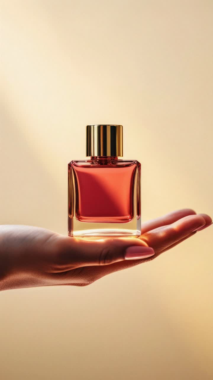 Elegante concept video che mostra una bottiglia di profumo su una mano. Ripresa laterale