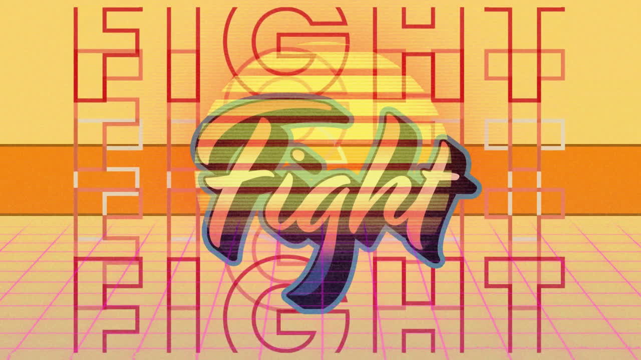 Animation with vibrant colors and geometric background in retro-style fight text