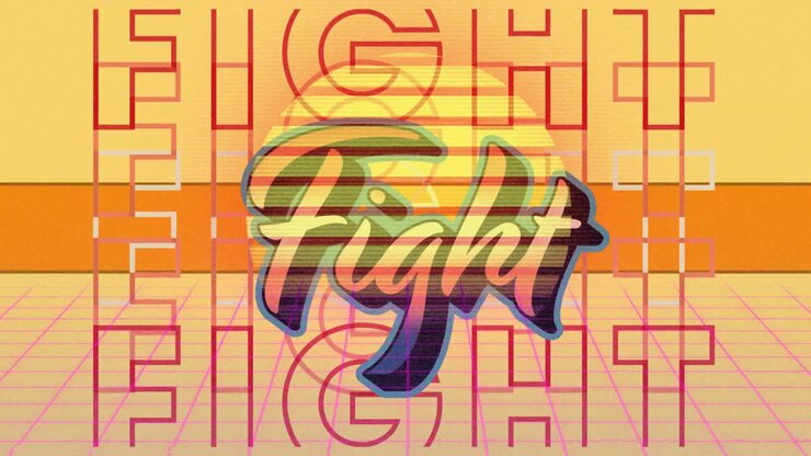 Animazione con colori vivaci e sfondo geometrico, con testo "fight" in stile retrò.