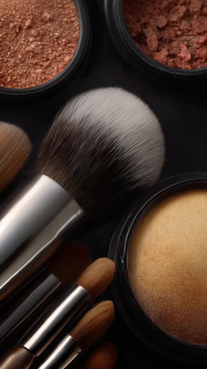Captivating Close-Up of Makeup Brushes and Powders: A Glimpse into the Art of Beauty Application Featuring Various Shades and Tools for Flawless Makeup Looks