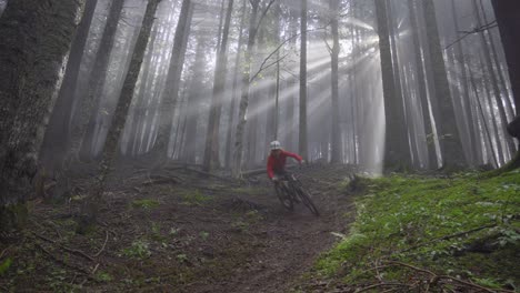 Mountain-biker-riding-in-a-foggy-forest