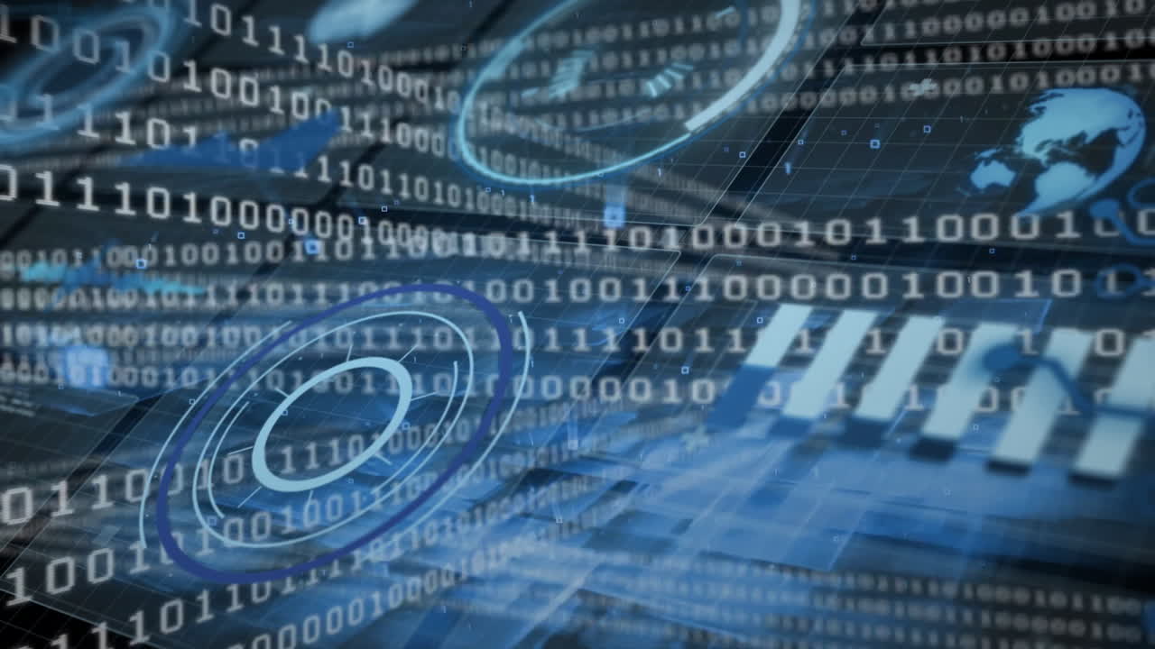 Animation of binary code with digital world map on blue tech background