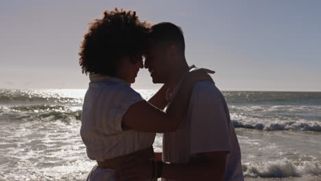 beach, forehead and couple on a date at the sea