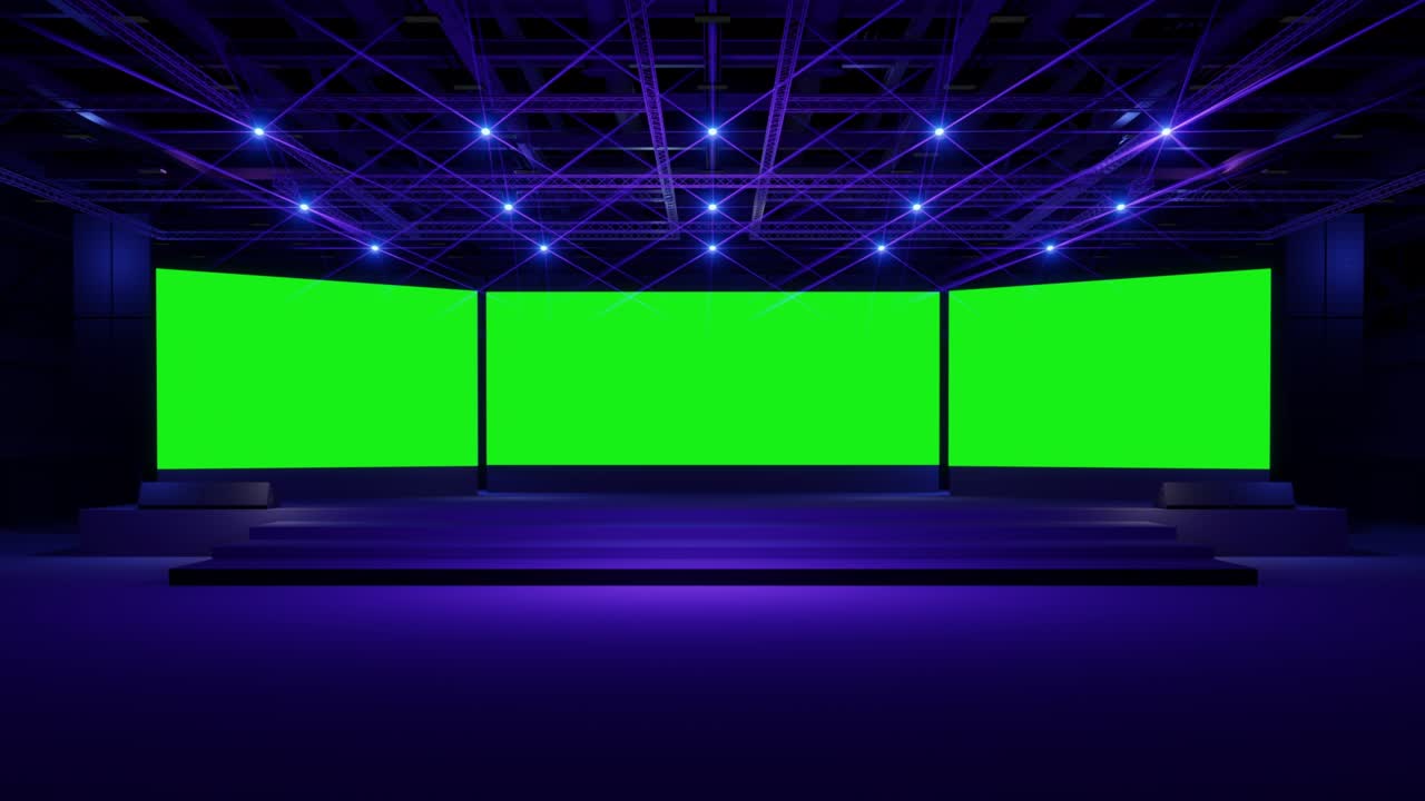 모 및 기업 정체성을위한 모션 빈 무대 디자인, 홀에서 녹색 화면을 표시, 그래픽 자원을위한 빈 화면, 이벤트 장면, 야간 조명 무대, 애니메이션 루프, 4k 3d 렌더링.