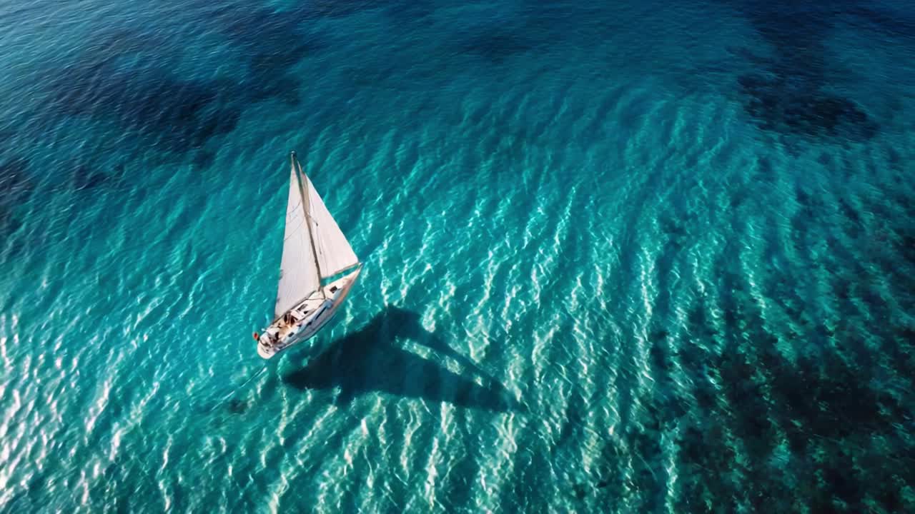 Aerial View of a Single White Sailboat Gliding through the Crystal Clear Turquoise Waters, Creating Beautiful Patterns in the Reflections Below in a Serene Ocean Environment