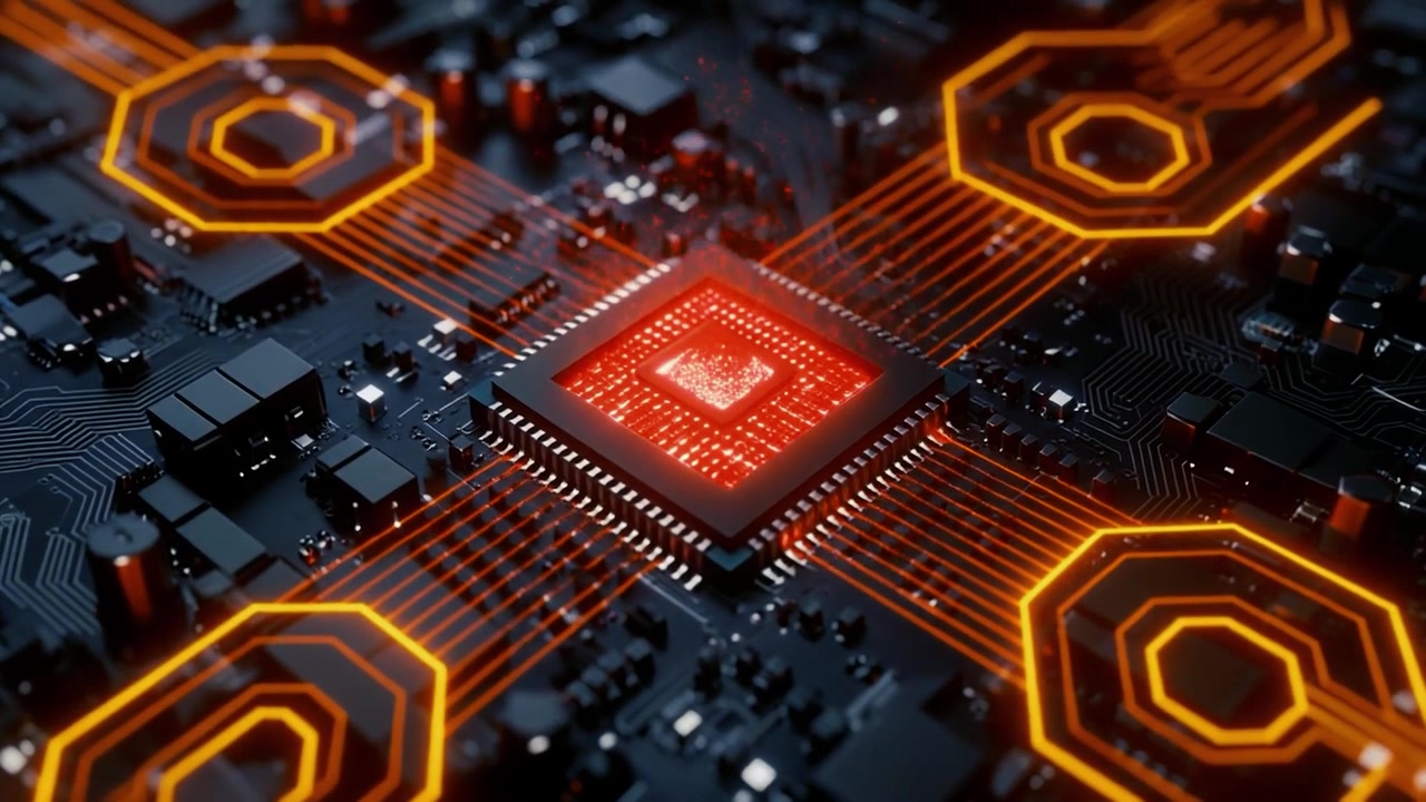 Central Processing Unit Chip with Glowing Data Flow on Circuit Board