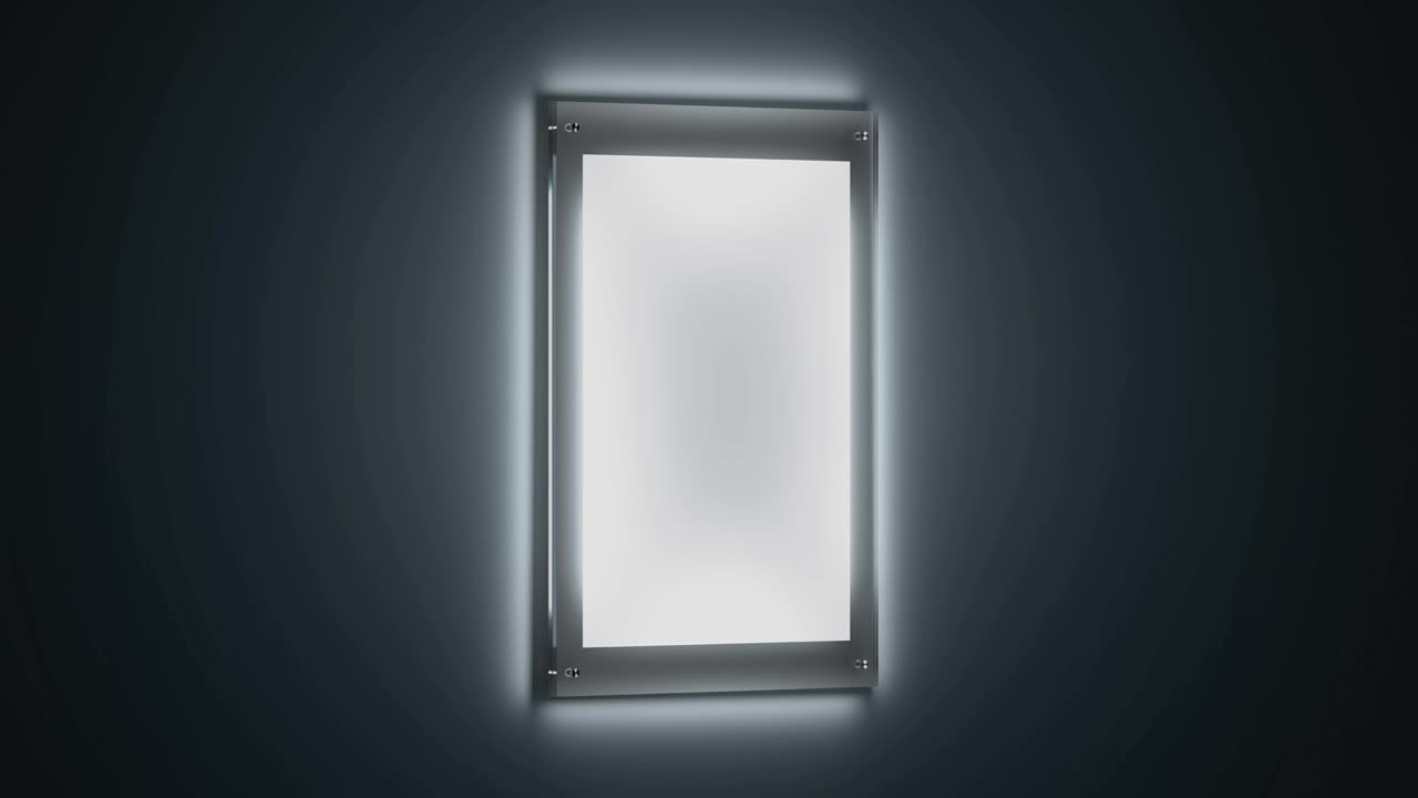 Blank glowing poster mockup in illuminated glass holder, looped switch