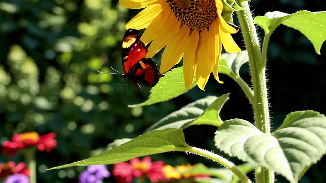 Butterfly near sunflower in a garden