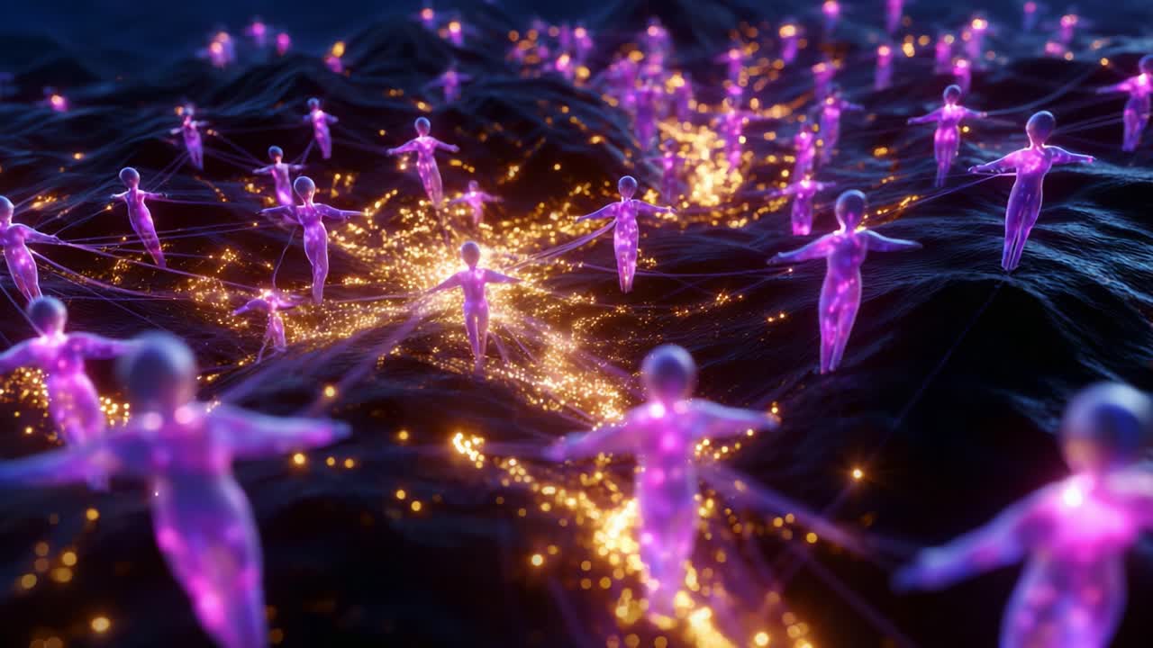 A Mesmerizing Journey Through a Digital Realm Filled with Ethereal Figures, Illuminating Threads of Light Connect them in a Vibrant Display of Connectivity and Unity Amidst a Dark Landscape