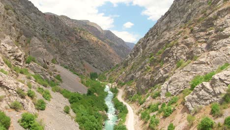 aerial view of pskem river at the valley of rocky mountain range in uzbekistan