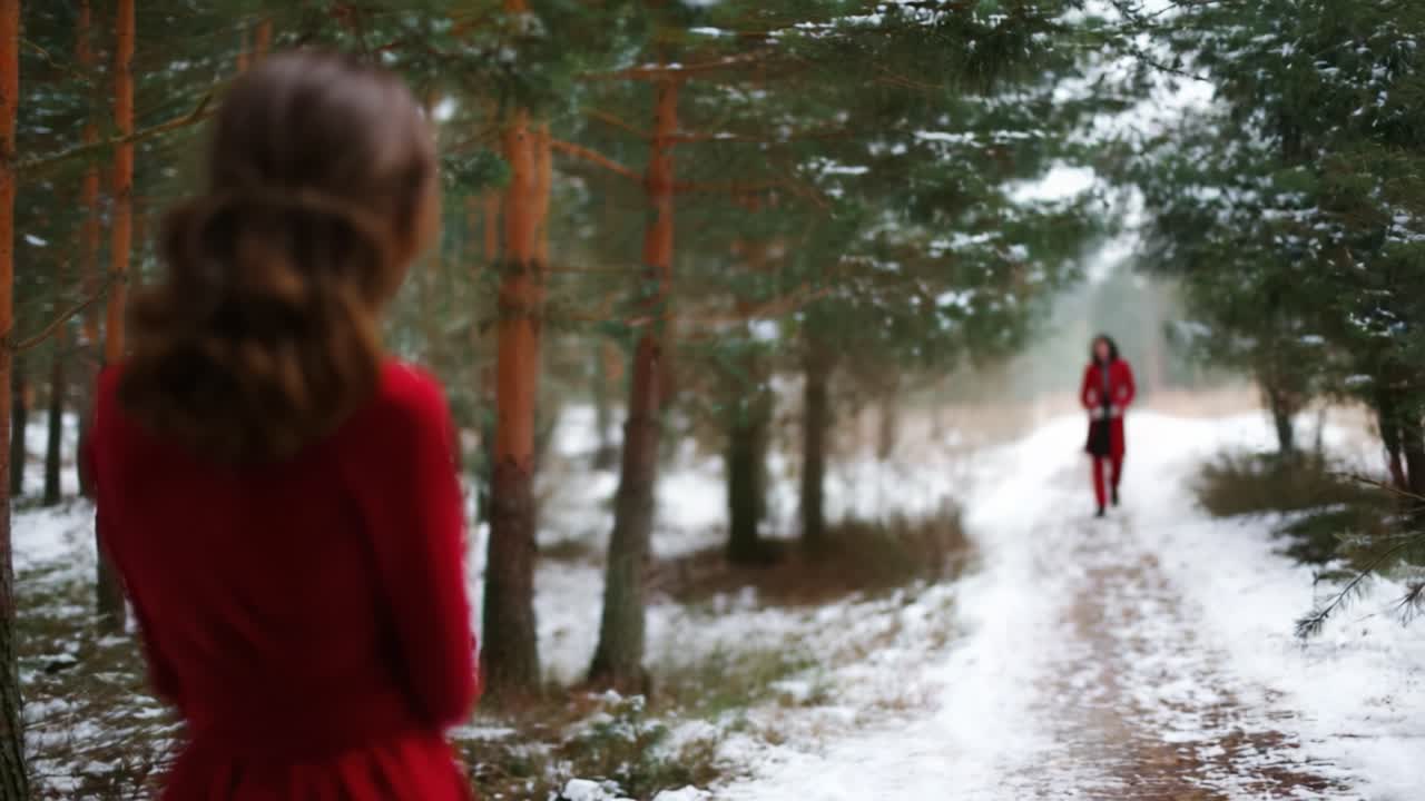 Un incontro misterioso: Una donna in rosso si erge in una foresta innevata, osservando un'altra figura che si avvicina su un sentiero tortuoso, evocando intrigo e curiosità.