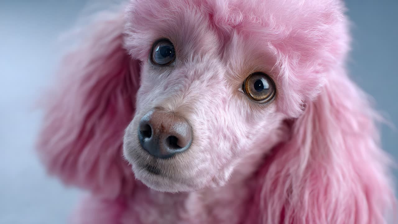 Adorable Pink Poodle with Charming Expression Captured in Clear Close-Up, Showcasing Unique Coloration and Playful, Affectionate Nature in Two Different Frames