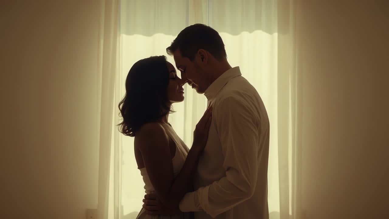 Leaning couple preparing to kiss after gaze at backlit window, in white shirt and sleeveless dress