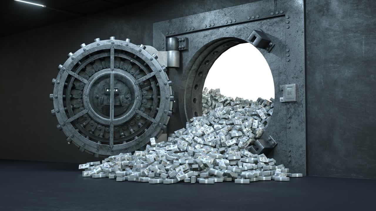 Opening of the vault door in bank with a lot of money on a white background